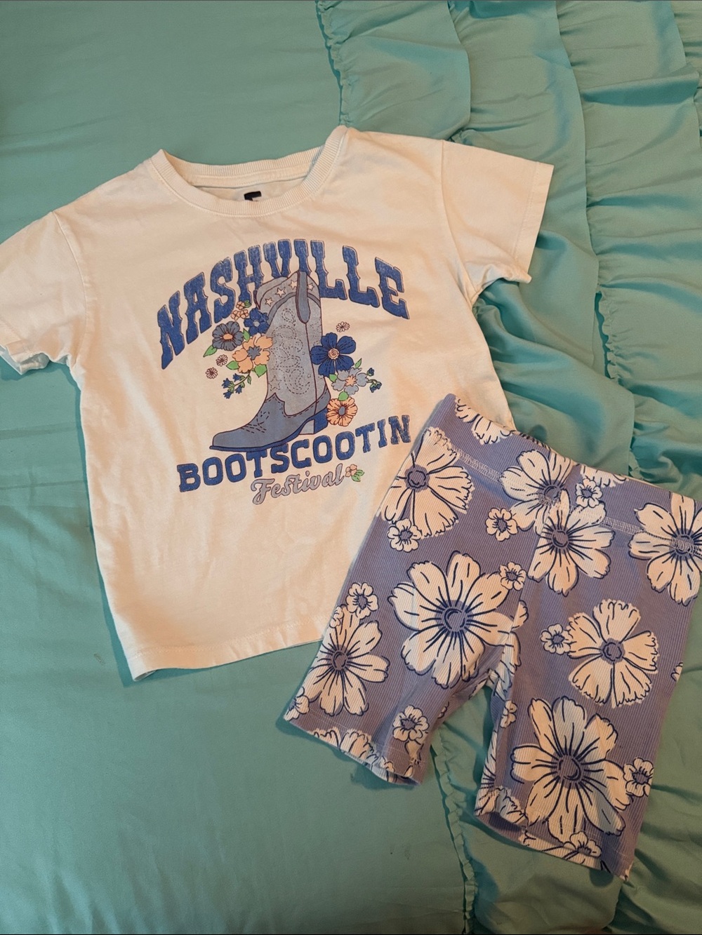 Cotton On Kids White Tee & blue Floral Bike Shorts Set